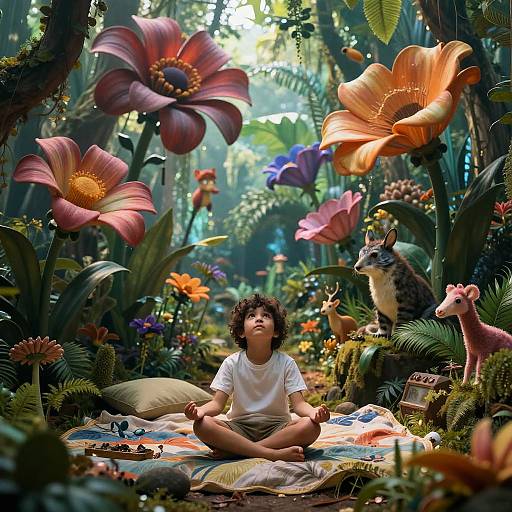 Boy Meditating in Enchanted Jungle