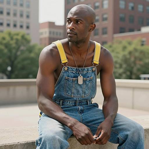 Muscular Black Man in Denim Overalls Sitting Outdoors