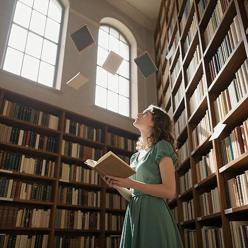Photograph of curly-haired woman in green dress, holding book, books floating above her, in sunlit, tall-windowed library.