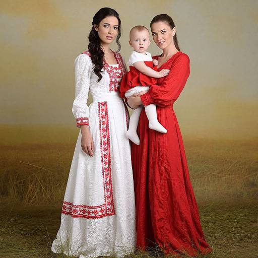 Photograph of a Caucasian mother with dark hair in white embroidered dress, holding a baby in red dress, and another woman in red dress, standing in