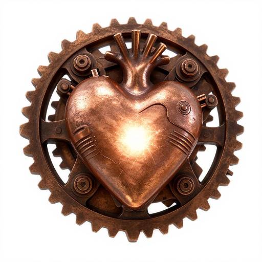 Photograph of a bronze, metallic, gear-shaped heart with intricate rivets and ridges, centered in a circular gear design.