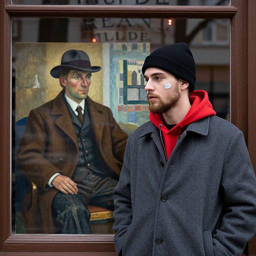 Photograph of a bearded man in a black beanie and gray coat, staring outside a window at a painted portrait of a 19th-century