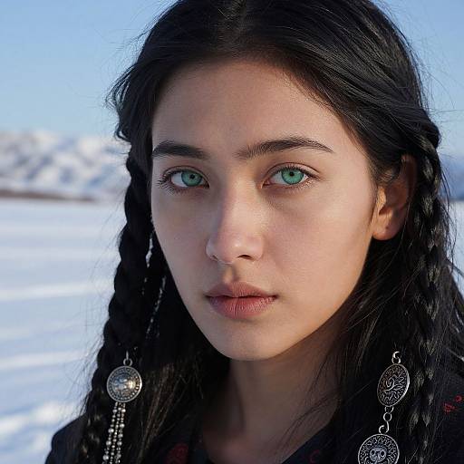 Photorealistic portrait of a young woman with piercing blue eyes, long black braided hair, wearing ornate silver earrings, standing in a snowy landscape