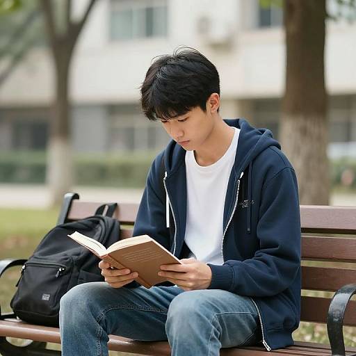 Photograph of an Asian male with short black hair, wearing a navy hoodie and white t-shirt, reading a book on a park bench with a black