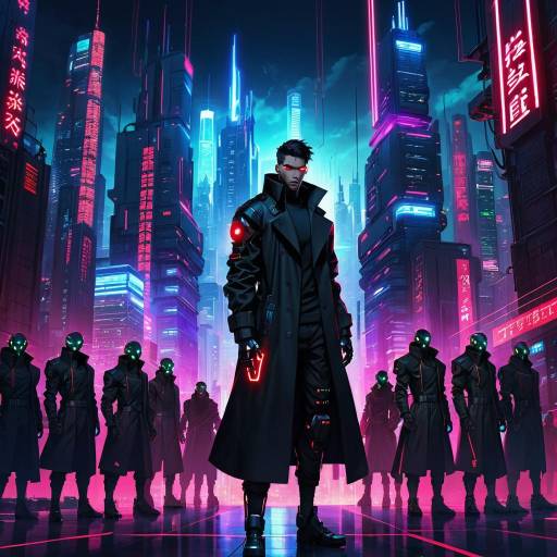 Cyberpunk Leader with Glowing Red Eyes in Futuristic City
