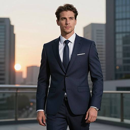 Photograph of a handsome, fair-skinned man with brown hair, wearing a dark navy suit, white shirt, and black tie, standing on a