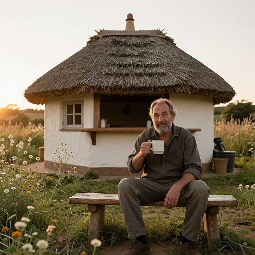 Photograph of a bearded middle-aged man in a dark shirt and pants, sitting on a wooden bench, holding a mug, in front of a