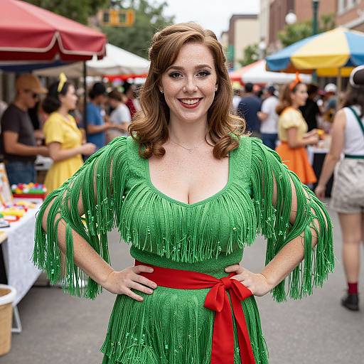 Photograph of a smiling, fair-skinned woman with red hair, wearing a green fringe dress with red belt, standing at a busy outdoor market.