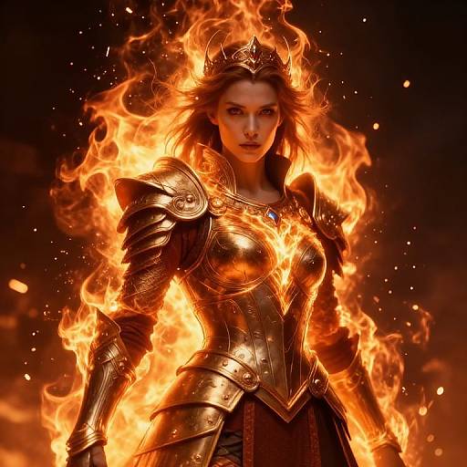 Digital artwork of a fierce, armored woman with flowing red hair, surrounded by vibrant orange flames, wearing a metallic crown.