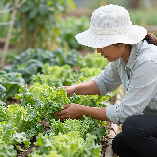 Photograph of a woman with tan skin, wearing a white sunhat and light blue shirt, tending to vibrant green lettuce plants in a garden.
