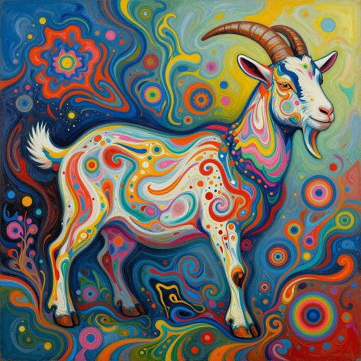 Vibrant digital painting of a stylized goat with colorful, swirling patterns and abstract background in bold blues, reds, yellows, and greens