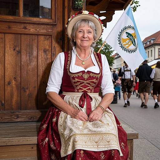Photograph of an elderly woman in traditional Bavarian attire, maroon dress with gold embroidery, white blouse, and floral hat, seated outside a wooden