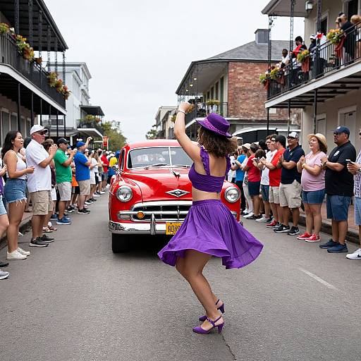 Photograph of a lively street parade featuring a woman in a purple dress and hat dancing in front of a red vintage car, surrounded by cheering onlook