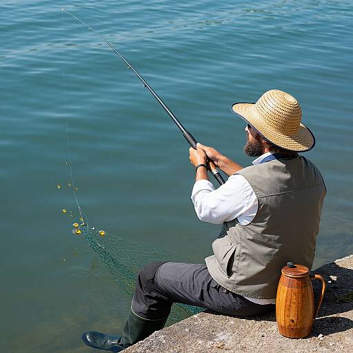 Photograph of a bearded man in a straw hat, grey vest, and black pants fishing by a blue, calm lake. Fishing rod in hand