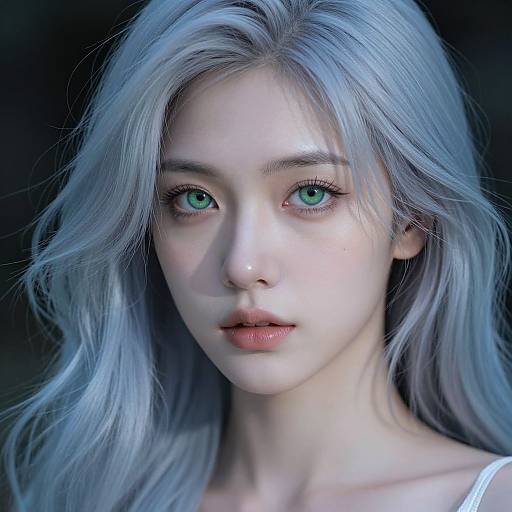 Digital portrait of a young woman with ethereal blue-gray hair, striking green eyes, and fair skin, wearing a white top, against a dark background
