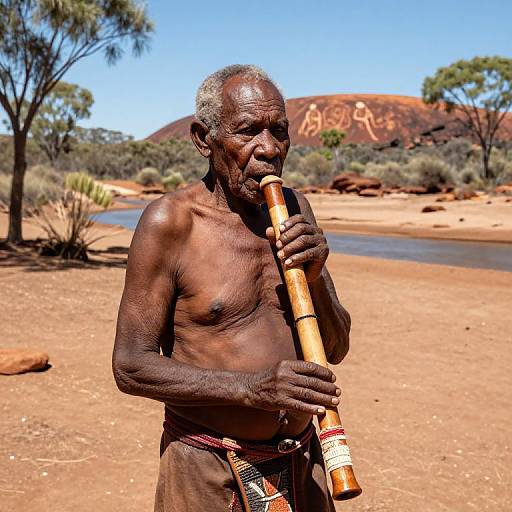 Photograph of an elderly, shirtless African man with dark skin and gray hair, playing a wooden flute in a sunny, arid desert landscape with