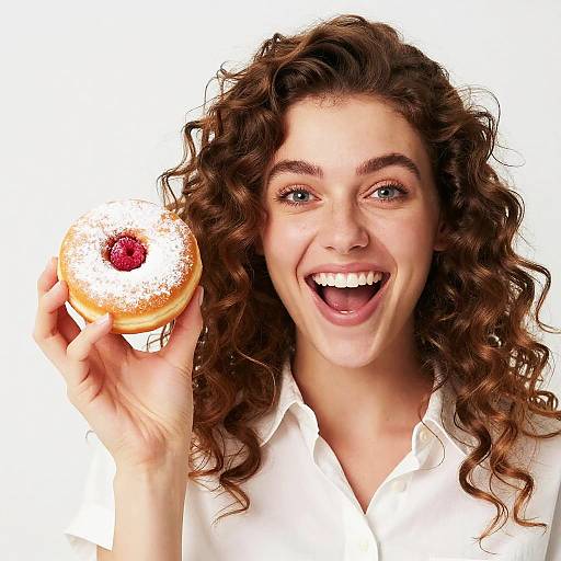 Photograph of a smiling young woman with curly brown hair, holding a white-frosted donut with a raspberry in her right hand. She wears