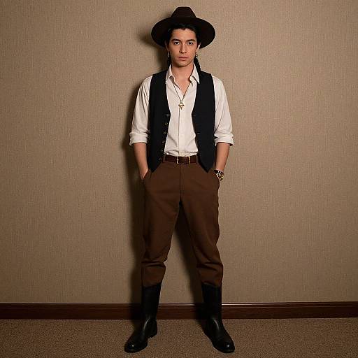 Photograph of a young man in a white shirt, black vest, brown pants, black boots, and black hat, standing confidently against a beige textured