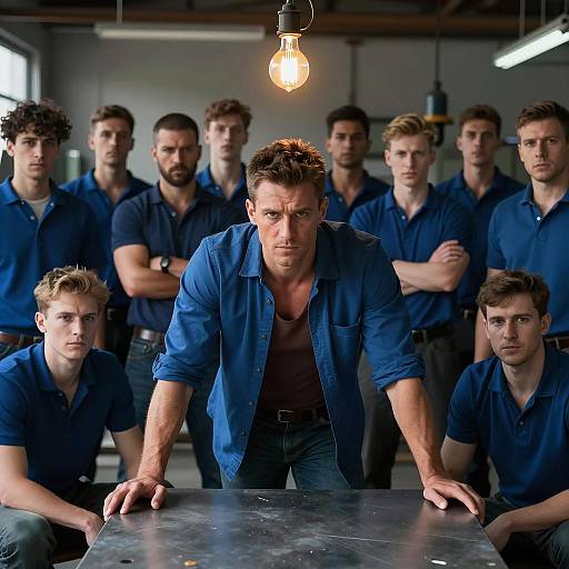 Intense Group of Men in Industrial Workshop