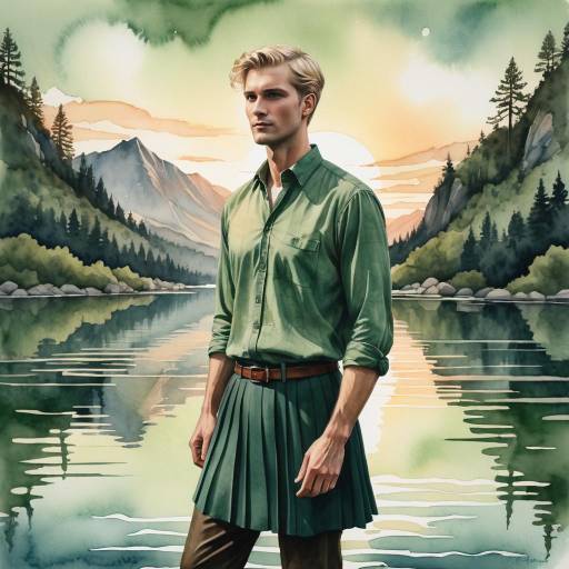 Stylish Man in Green Shirt and Skirt by Mountain Lake