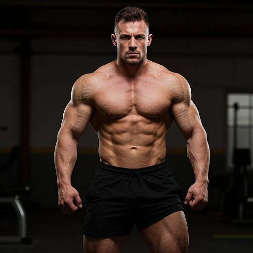 Photograph of a muscular, shirtless man with short dark hair, defined abs, and black shorts, standing in a dimly lit gym. Int