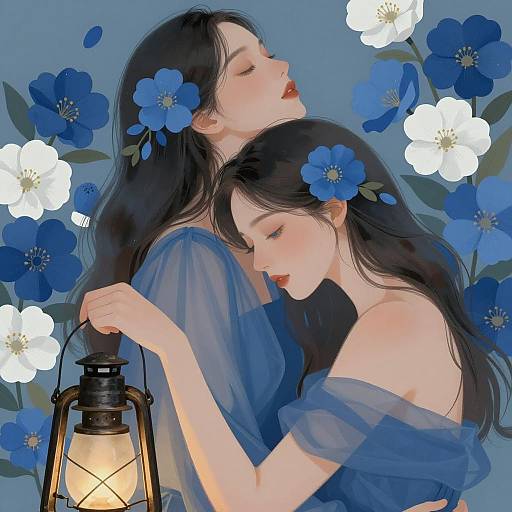 Elegant Duo with Lantern and Blue Flowers