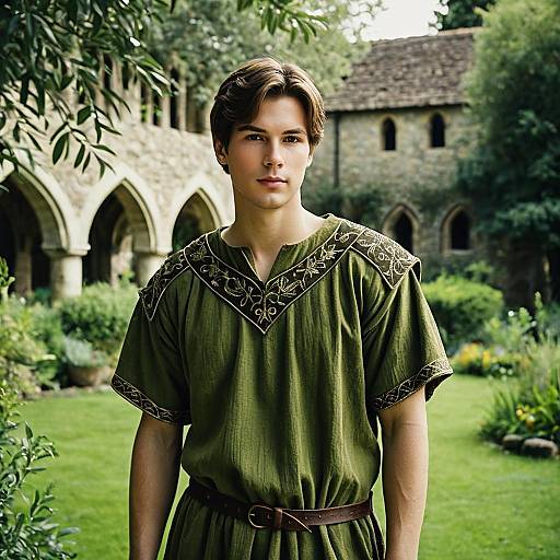 Young Man in Medieval Tunic in Garden