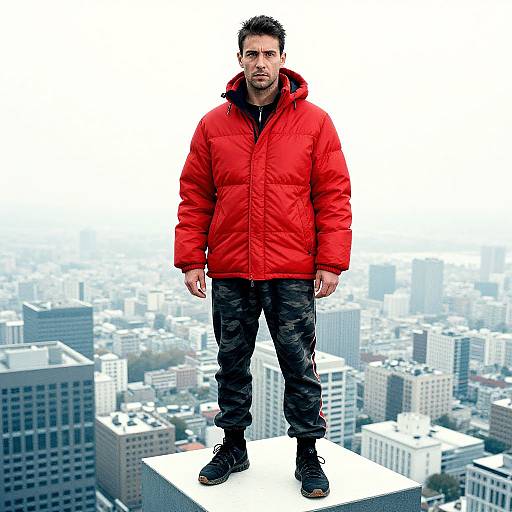 Photograph of a bearded man with short dark hair, wearing a bright red puffy jacket, black camo pants, and black shoes, standing