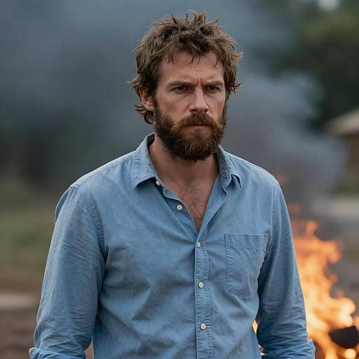 Cinematic Rugged Bearded Man by Fire