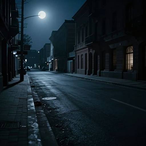 Photograph of a deserted, rain-soaked, nighttime street illuminated by a bright, full moon. Dark blue hues, wet pavement, and dimly