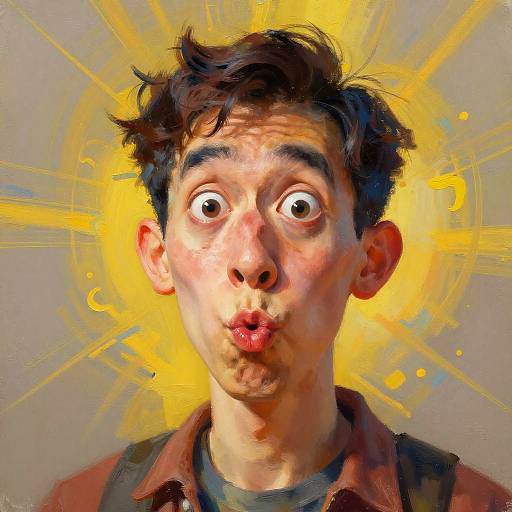 Digital painting of a young man with wide eyes and puckered lips, brown hair, yellow radiant background, wearing a brown jacket.