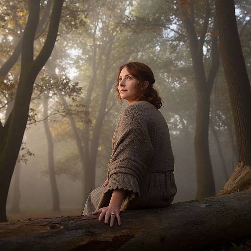 Photograph of a woman with brown hair, wearing a gray knit sweater, sitting on a log in a misty, sunlit forest.