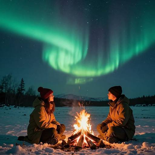 Winter Campfire Beneath Northern Lights