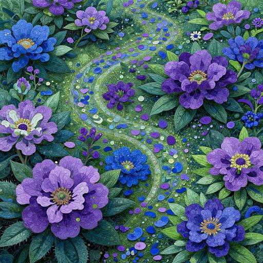 Digital artwork of vibrant purple and blue flowers with green leaves, featuring a winding, glowing path through the center.