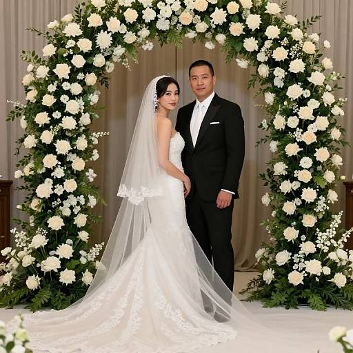 Photograph of a bride in a white strapless gown and veil, and groom in a black tuxedo, standing under a floral arch.