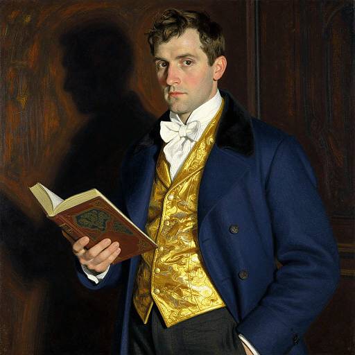 Photorealistic painting of a serious young man with fair skin, brown hair, wearing a blue coat, gold patterned vest, white cravat