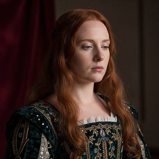 Photograph of a fair-skinned, red-haired woman with wavy hair, wearing an intricately embroidered black dress, gazing thoughtfully to the