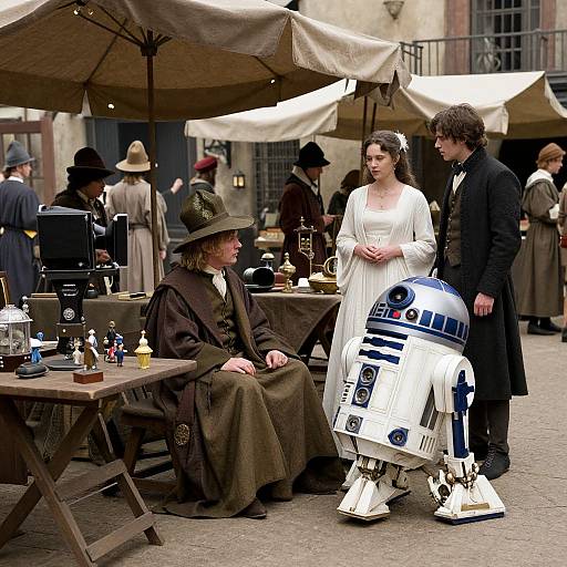 Photograph of Star Wars characters in a medieval-style market: an old man in brown robes, a white-robed woman, and R2-D2