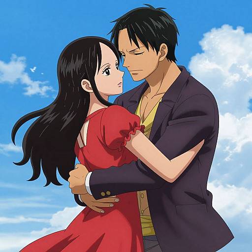 Anime-style drawing of a black-haired man in a black jacket and yellow shirt, gently holding a black-haired woman in a red dress, against a bright