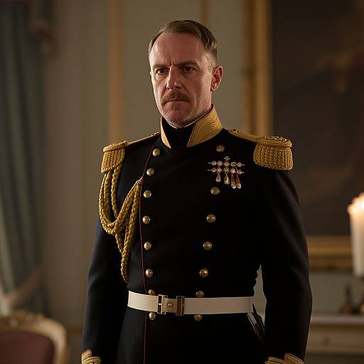 Photograph of a stern-looking, middle-aged white man with short brown hair and mustache, wearing a black military uniform with gold epaulettes