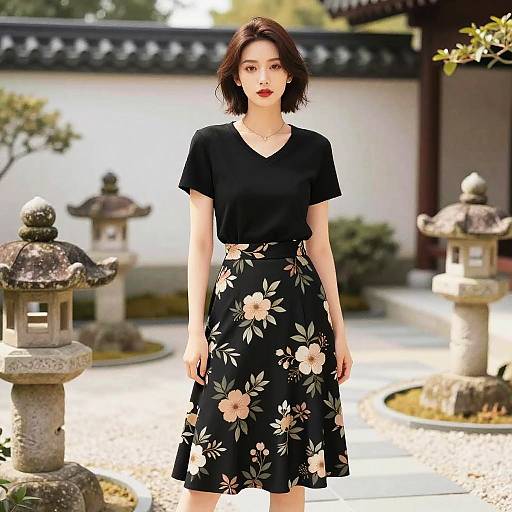 Young Asian woman with short brown hair, wearing a black V-neck top and black floral skirt, stands in a sunlit Japanese garden with stone lanterns