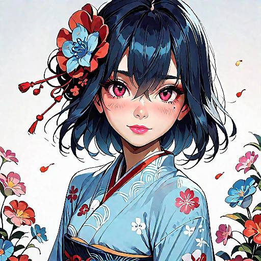 Shy Anime Girl in Blue Kimono