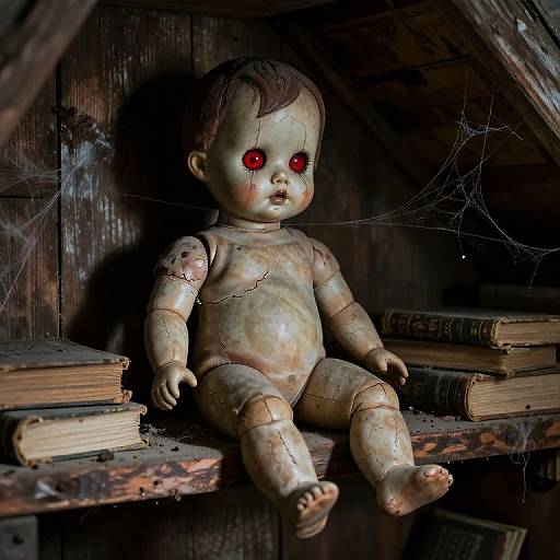Creepy, old-fashioned porcelain doll with cracked seams, red glowing eyes, and webbing, sitting on dusty wooden shelf with stacked books.