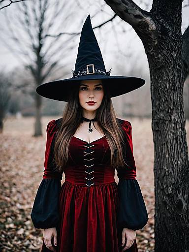 Photograph of a young woman with pale skin, long brown hair, wearing a black witch hat and red velvet dress with black sleeves, standing in a