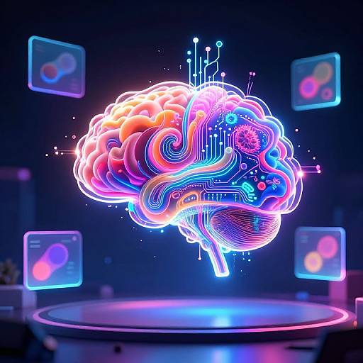 Digital neon artwork of a glowing, intricate brain with colorful, circuit-like patterns floating above a circular platform, surrounded by four holographic screens.