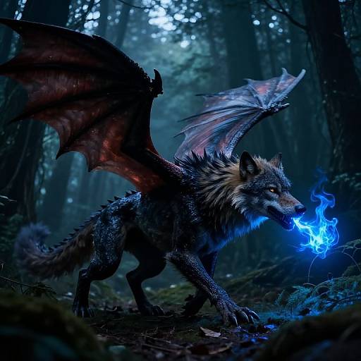 Digital fantasy art of a dark, dragon-wolf hybrid with blue fire in its mouth, red bat-like wings, and glowing eyes, in a mist