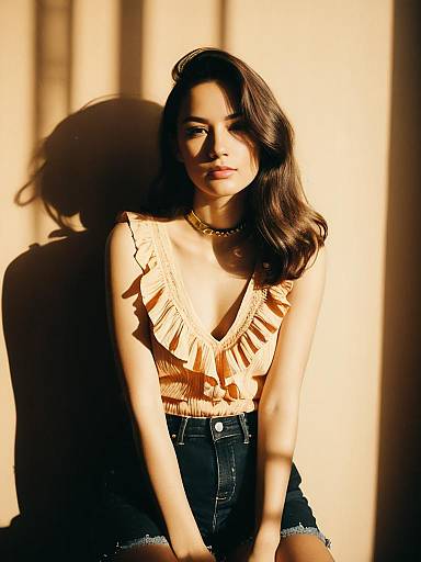 Young Woman in Coral Pink Blouse and Black Denim Shorts
