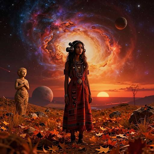 Photograph-like digital art: Native American woman in red dress and headdress stands on autumn leaves, with a cosmic sunset and planets, and a stone