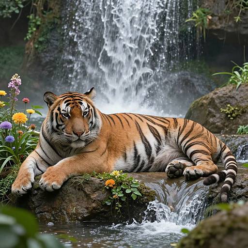 Photograph of a majestic tiger lounging on a rock by a waterfall, surrounded by colorful flowers and lush greenery.