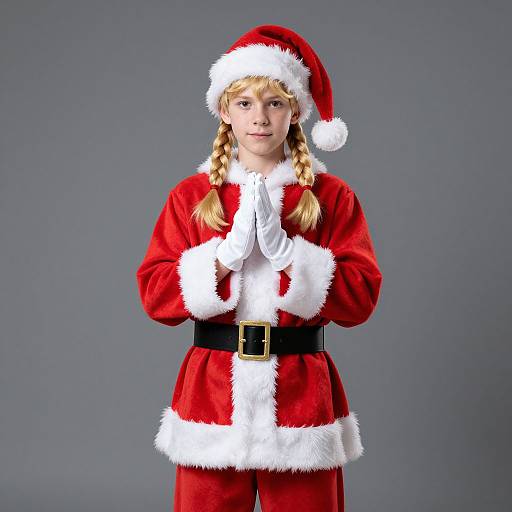 Photograph of a young blonde girl with braided hair, wearing a red Santa outfit with white fur trim, black belt, and Santa hat, standing